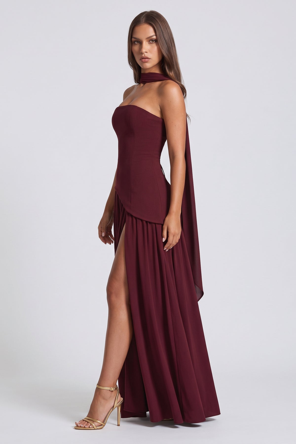 Serena Burgundy maxi dress, side view