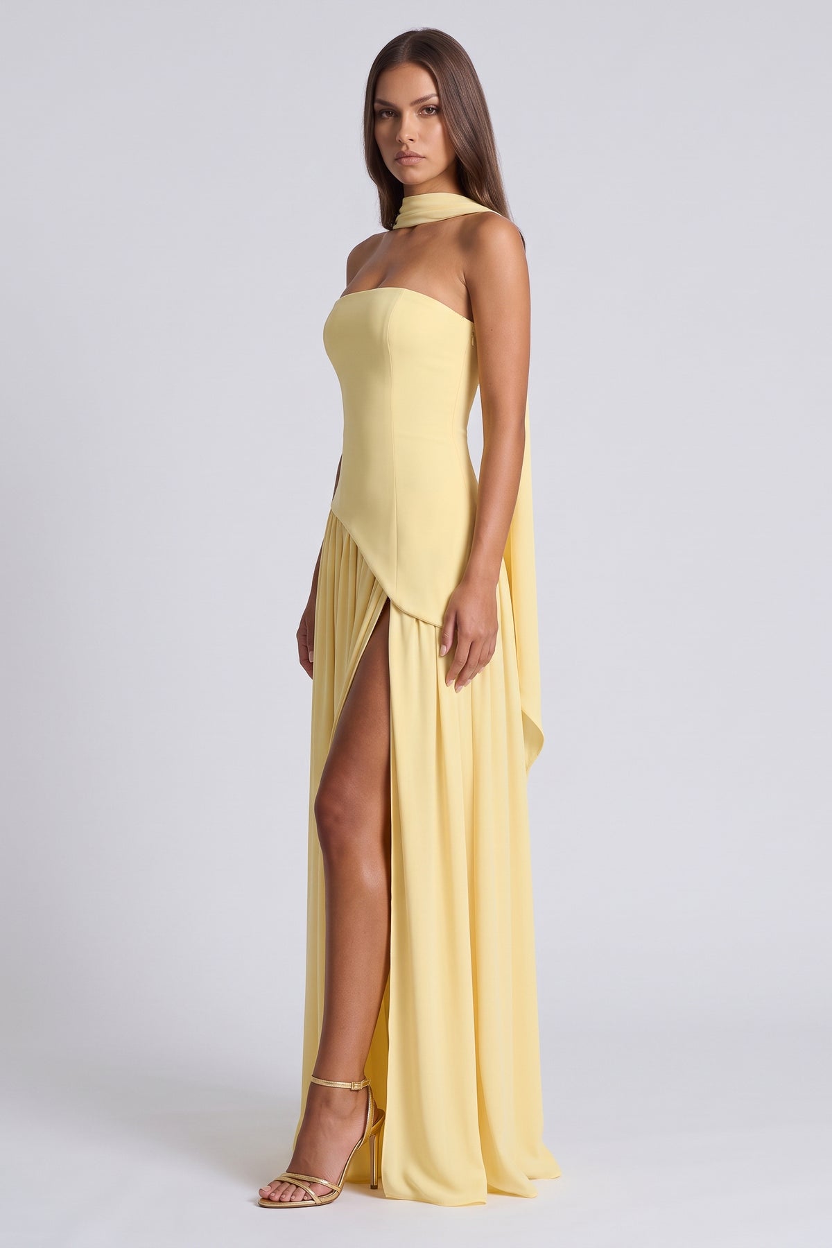 Serena Butter Yellow maxi dress, three quarter front