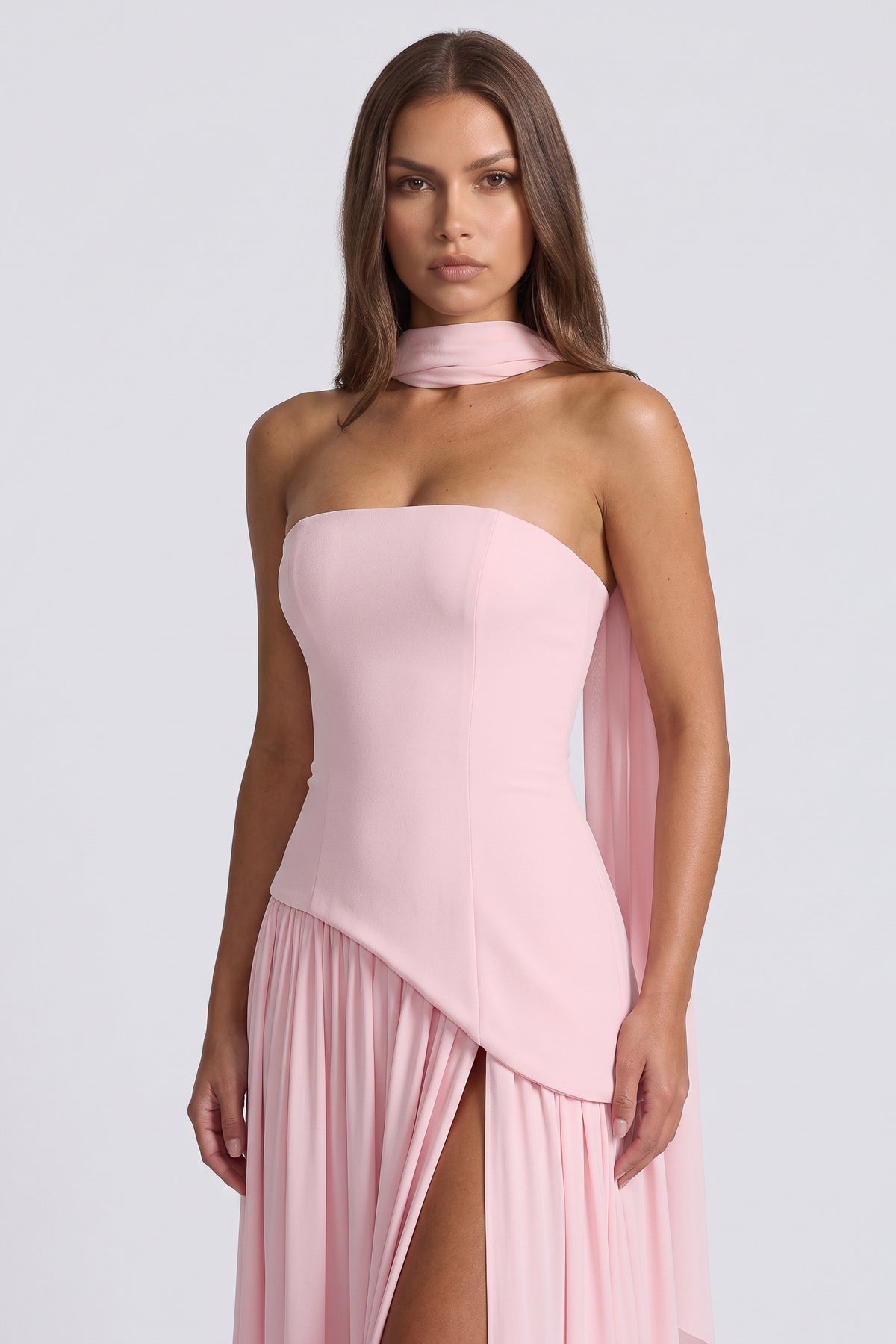 Serena Pink maxi dress, three quarter front detail