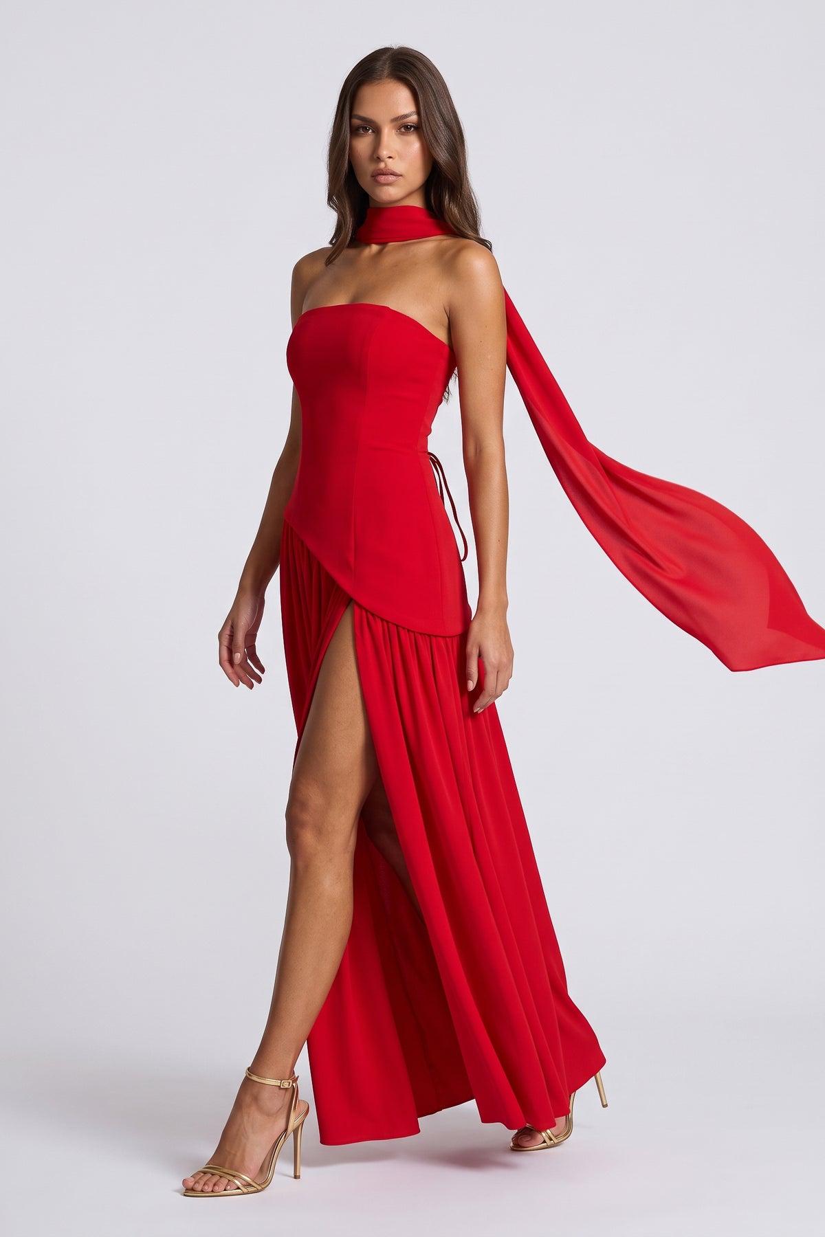 Serena Red maxi dress, scarf movement