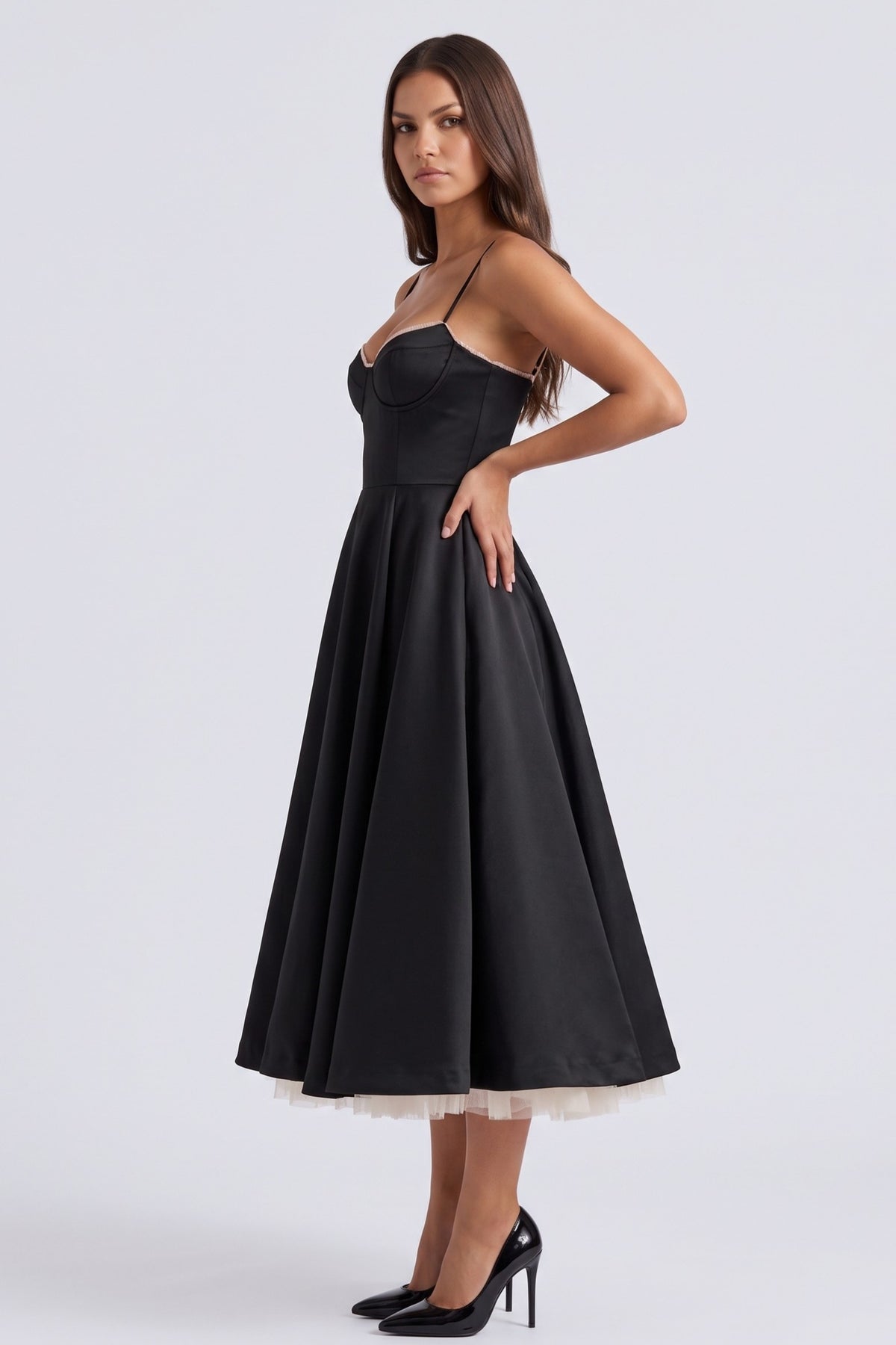 selene black midi dress three quarter front