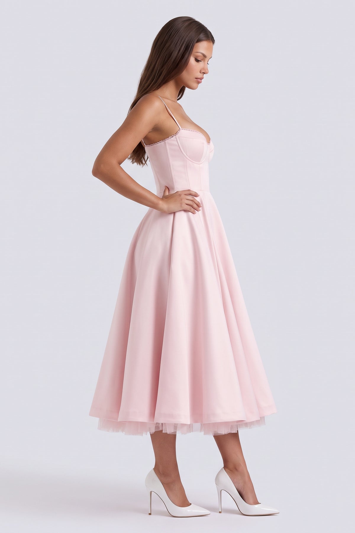 selene blush pink midi dress side view
