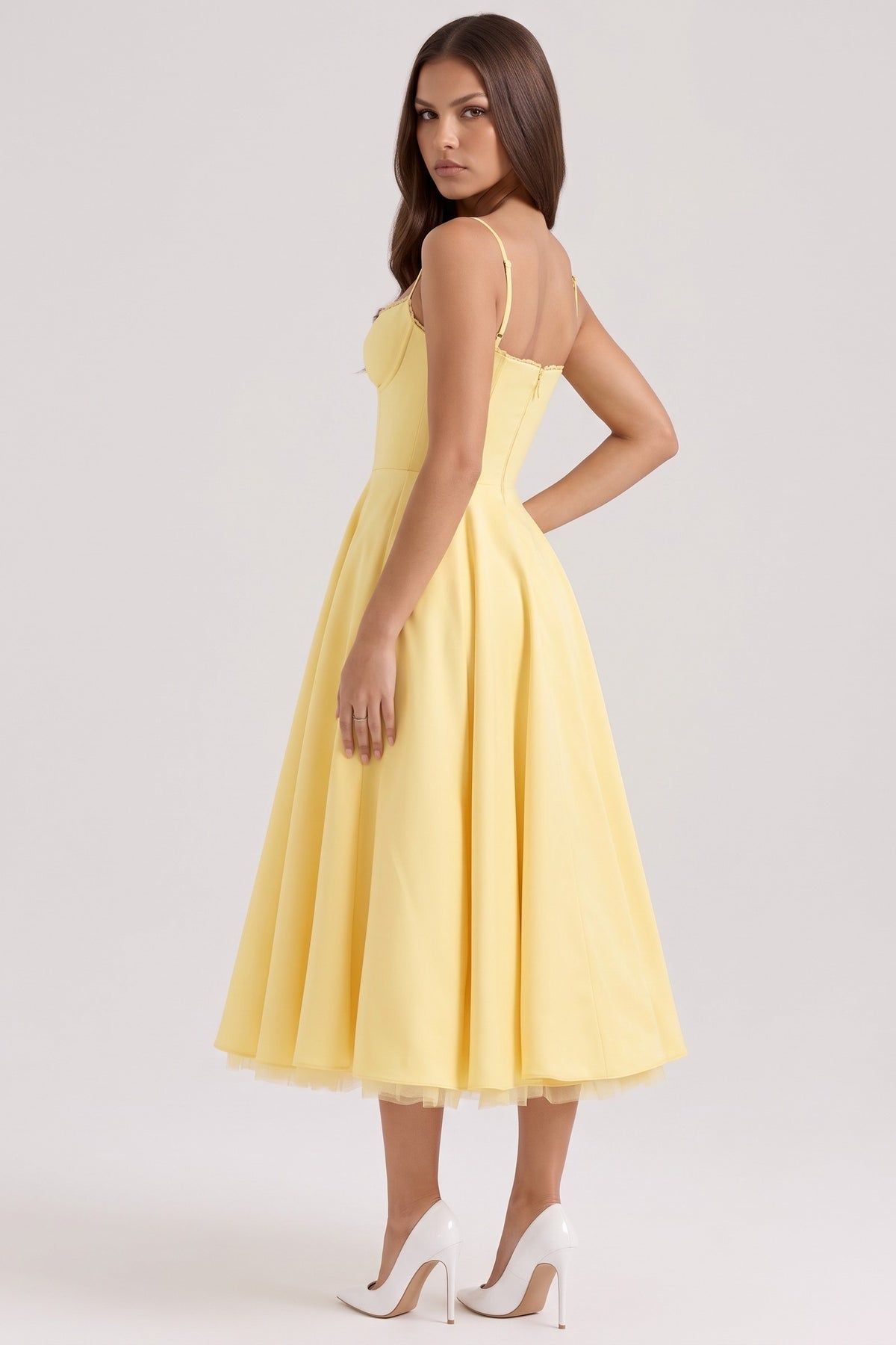 selene butter yellow midi dress side back view